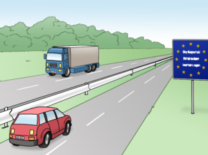 Autos auf einer Autobahn, die eine europäische Landesgrenze überqueren.