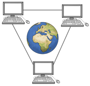 Drei Computer, die auf der ganzen Welt verteilt sind.